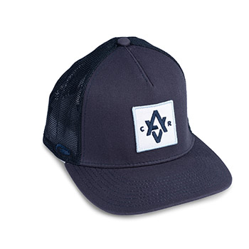 Custom trucker hat in navy blue with "AVCR" embroidered on the front patch.