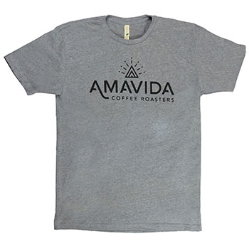 Amavida Coffee Roasters classic grey t-shirt with carbon neutral company seal on the back. Printed on recycled fabric.