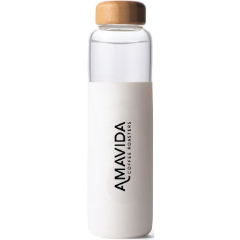 Glass Water Bottle by SOMA with Amavida Coffee Roasters logo