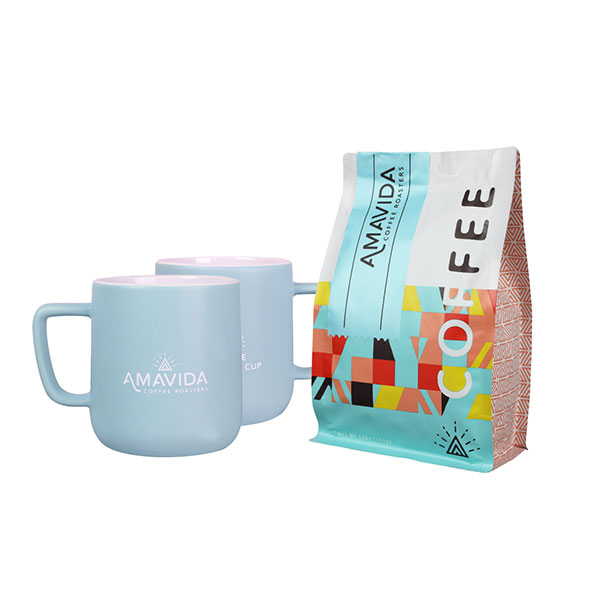 Amavida Coffee Roaster's 'Love Life' ceramic mug set featuring 12oz bag of carbon neutral Atmosphere coffee blend