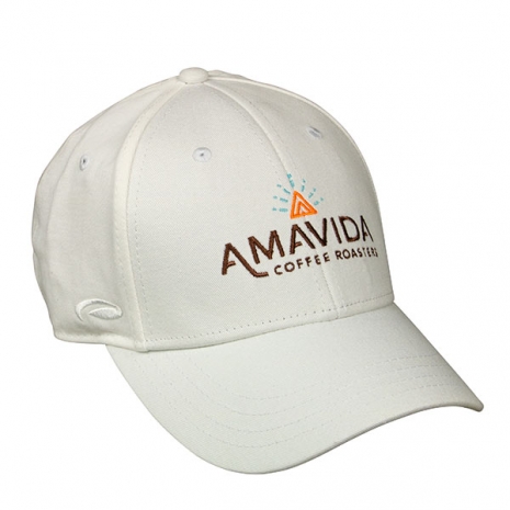 Front view of white cotton Amavida logo hat with custom embroidered design and leather back closure