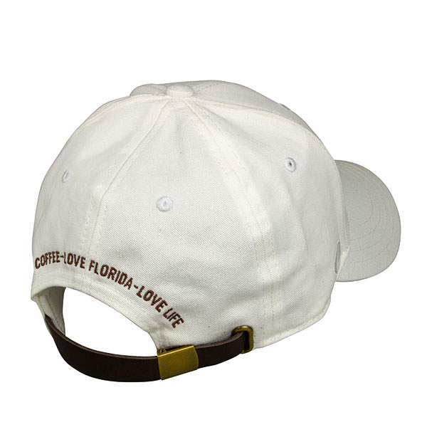 Back view of white cotton Amavida logo hat with custom embroidered design and leather back closure