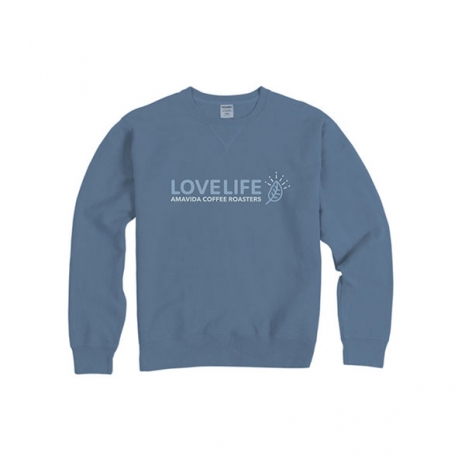 Amavida Coffee Roasters eco-friendly and sustainable coffee company sweatshirt with "Love Life" design on front