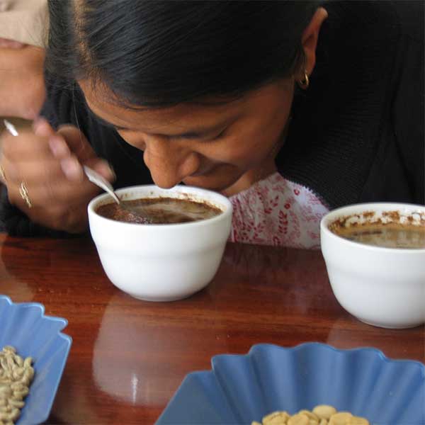 Evelin Rodas, Guatemalan coffee producer from Manos Campesinas at table cupping coffee to asses taste and quality.