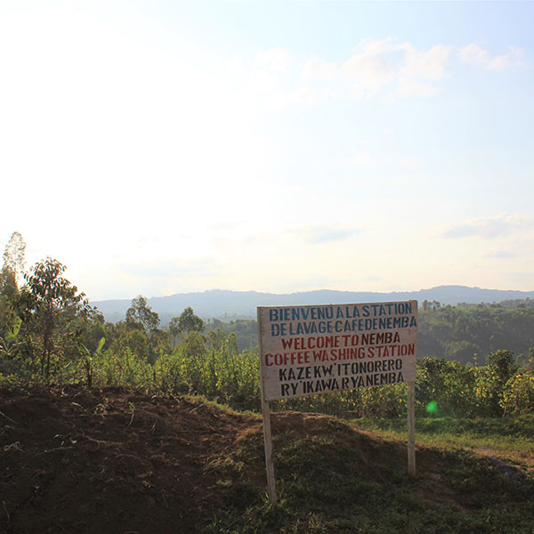 Nemba coffee washing station sign overlooking mountainous growing region of Burundi.