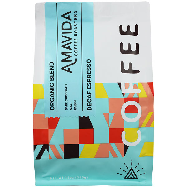 Amavida Coffee Roasters' 12 oz bag of Organic Decaf Espresso Beans from Peru