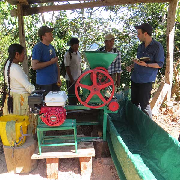 Organic coffee producers reviewing quality control processes at AIPEP washing station in Bolivia.