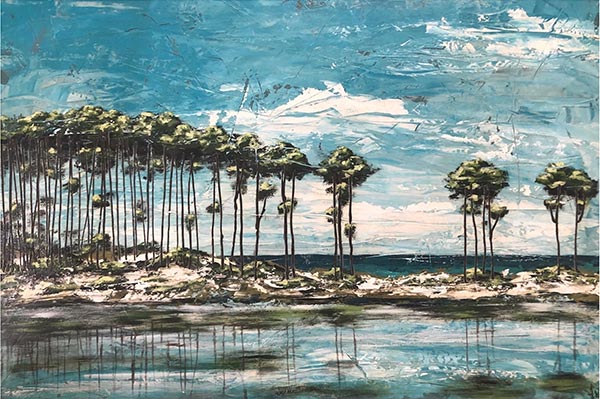 Painting of a lake next to the ocean with sand dunes and tall trees.