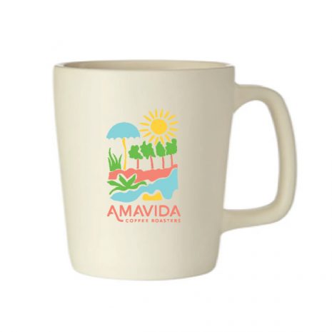 Coffee mug with beach scene by Amavida Coffee Roasters