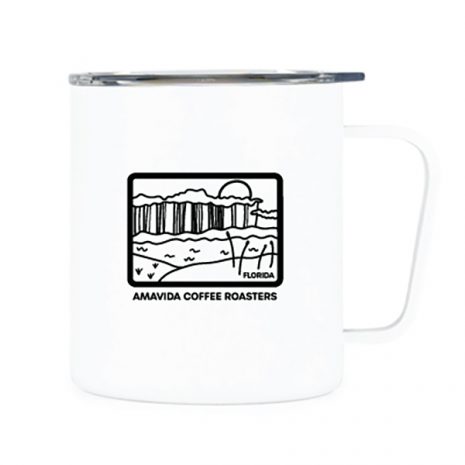 White camp style coffee mug with a 1-color outdoor scene of Florida Coastal Dune Lakes and "Amavida Coffee Roasters" on it