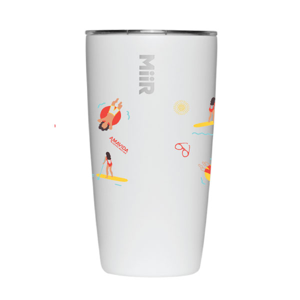 16 oz white MiiR insulated beverage tumbler with beach recreation activity design and Amavida Coffee Roasters logo (back)