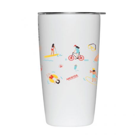 16 oz white MiiR insulated beverage tumbler with beach recreation activity design and Amavida Coffee Roasters logo (front view)