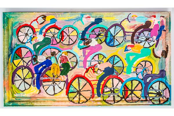 Folk art featuring bright colors and people on bicycles