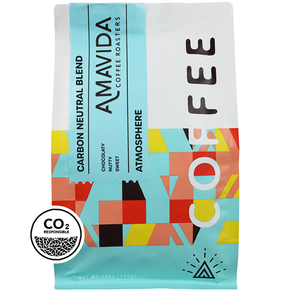 12 oz bag of Amavida Coffee Roasters 100% Carbon Neutral Atmosphere blend