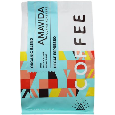 Amavida Coffee Roasters' 12 oz bag of Organic Decaf Espresso Beans