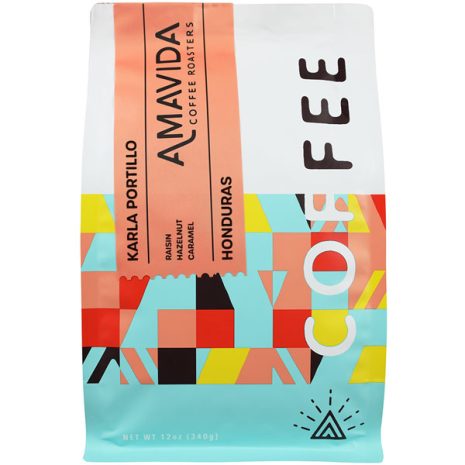 Amavida Coffee Roaster's 12 oz bag of organic Honduras coffee by Karla Portillo and the COMSA Cooperative