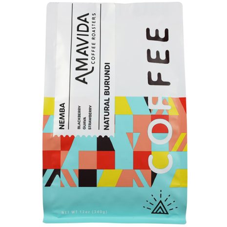 12 oz Bag Natural Burundi Coffee from Nebma by Amavida Coffee Roasters, shown with 92 point award by Coffee Review in 2019