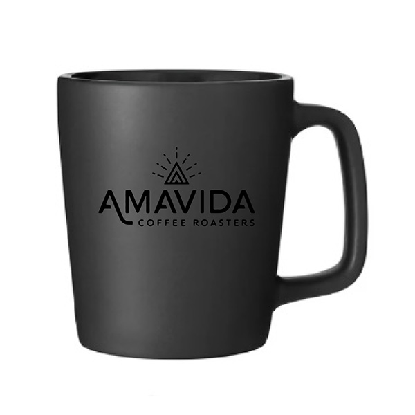 Amavida Coffee Roasters logo on 11 oz Ceramic Arlo Mug, grey with black logo.