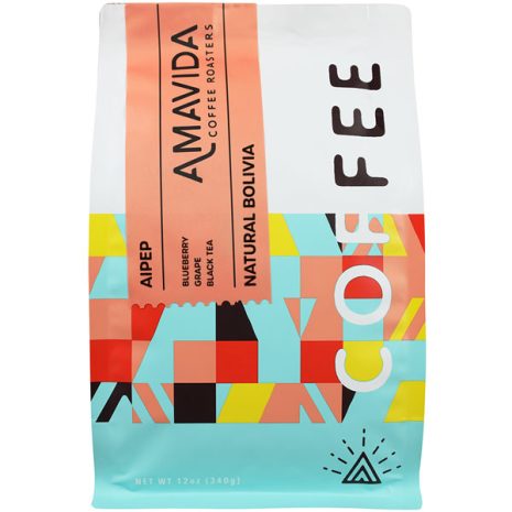 Amavida Coffee Roasters 12oz bag of Natural Processed Bolivian Coffee from AIPEP producer group has notes of blueberry, grape and black tea.