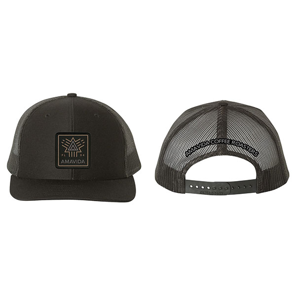 Amavida Coffee Roasters Black Icon Snapback Trucker Hat with patch on front.