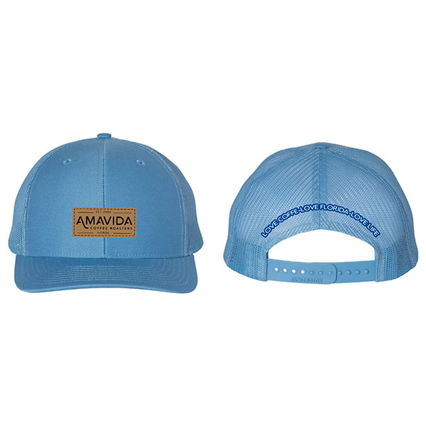Front and Back of Amavida Colombia Blue Trucker Hat With Leather Patch. Blue embroidery on back states Love Coffee - Love Florida - Love Life