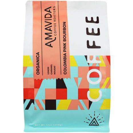 Amavida Coffee Roasters 12 oz bag of Organic Colombia Pink Bourbon produced by Organica.