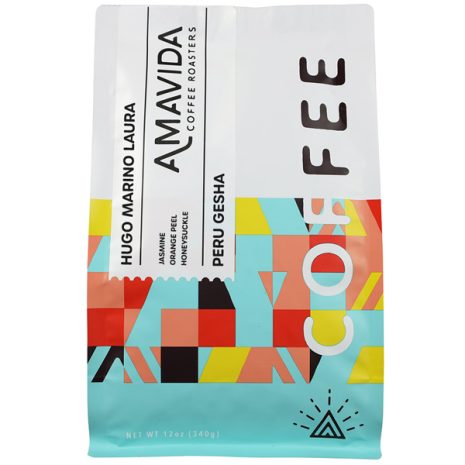 Amavida Coffee Roasters 12 oz bag of limited release Peru Gesha coffee produced by Hugo Marino Laura.